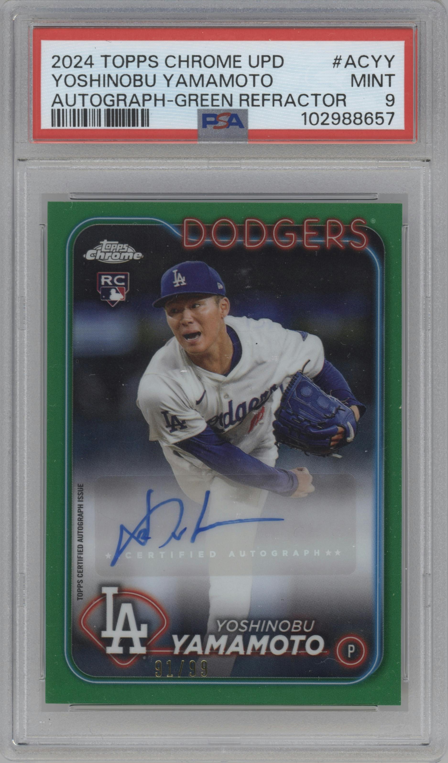 Yoshinobu Yamamoto from the 2024 Topps Chrome Update set featuring a Green Refractor parallel graded by PSA and given an overall grade of 9.
