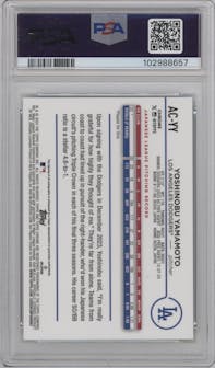 Yoshinobu Yamamoto from the 2024 Topps Chrome Update set featuring a Green Refractor parallel graded by PSA and given an overall grade of 9.