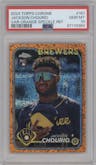 Jackson Chourio from the 2024 Topps Chrome set featuring a Orange Speckle Refractor parallel graded by PSA and given an overall grade of 10.