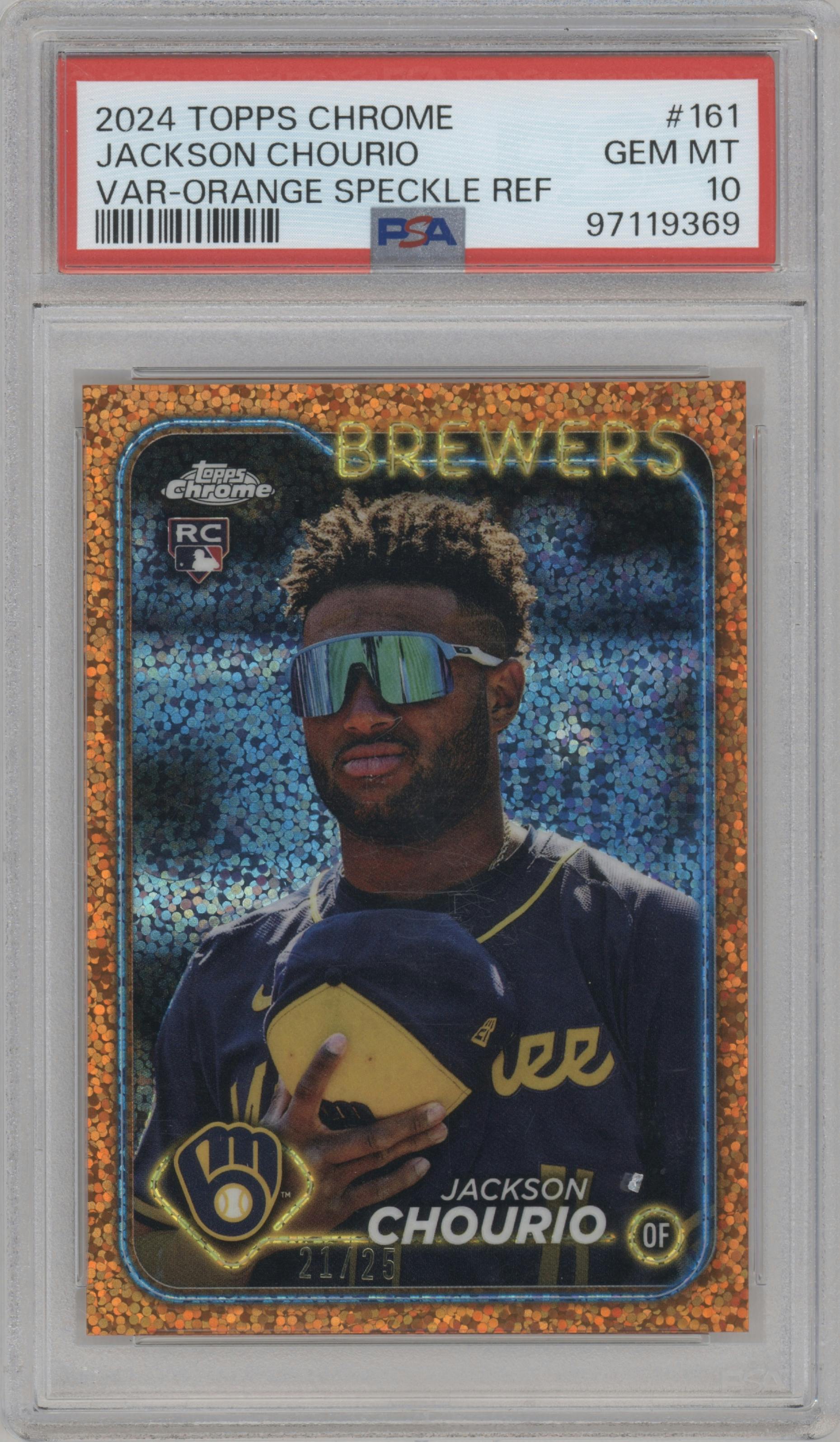 Jackson Chourio from the 2024 Topps Chrome set featuring a Orange Speckle Refractor parallel graded by PSA and given an overall grade of 10.