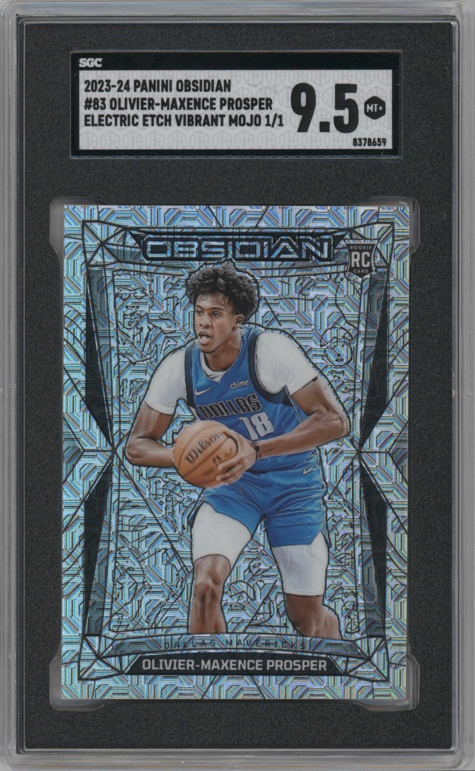 Olivier-Maxence Prosper from the 2023-24 Panini Obsidian set featuring a Electric Etch Vibrant Mojo parallel graded by SGC and given an overall grade of 9.5.