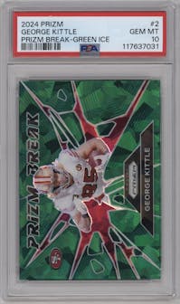 George Kittle from the 2024 Panini Prizm set featuring a Green Ice parallel graded by PSA and given an overall grade of 10.