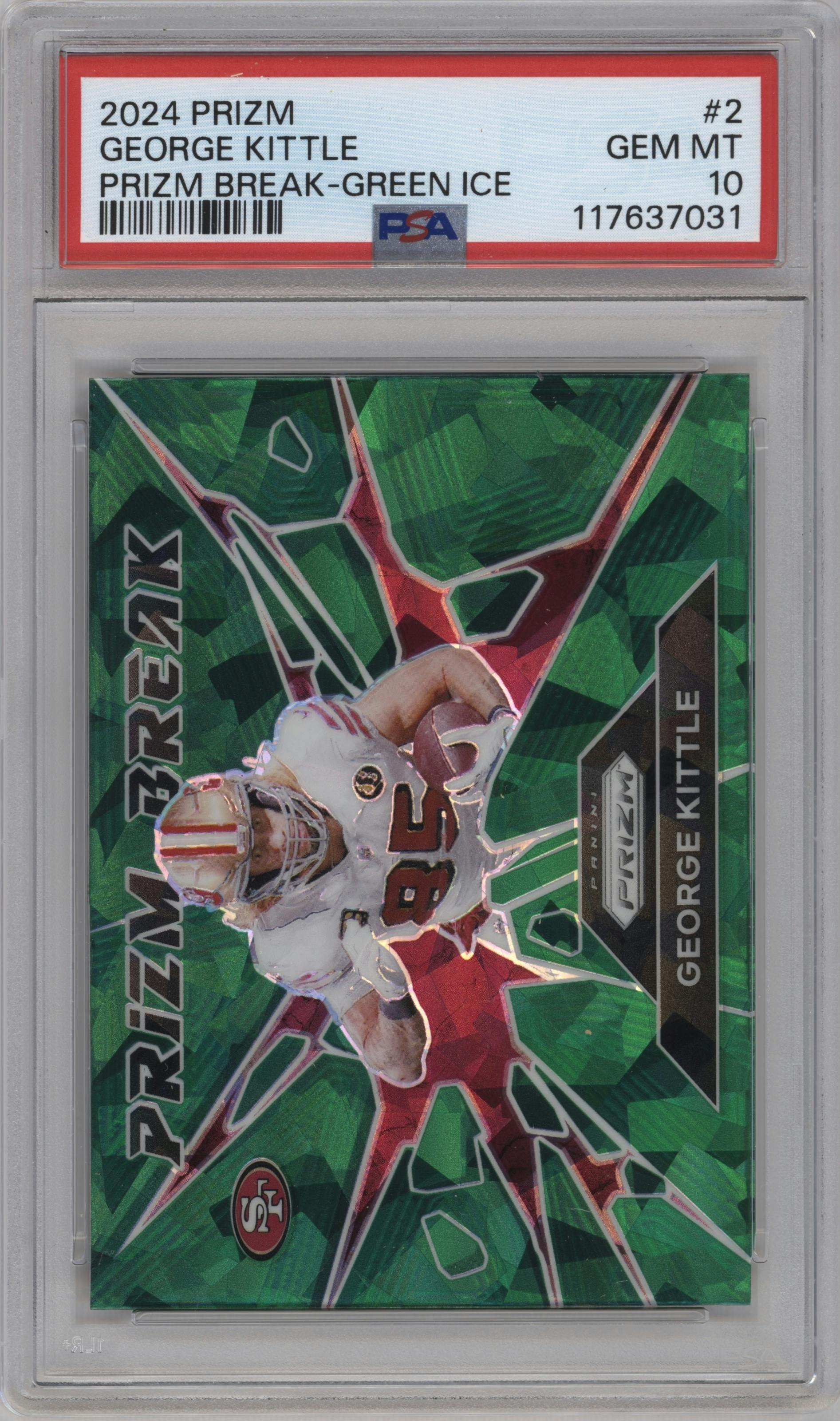 George Kittle from the 2024 Panini Prizm set featuring a Green Ice parallel graded by PSA and given an overall grade of 10.