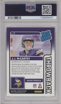 J.J. McCarthy from the 2024 Donruss set graded by PSA and given an overall grade of 9.