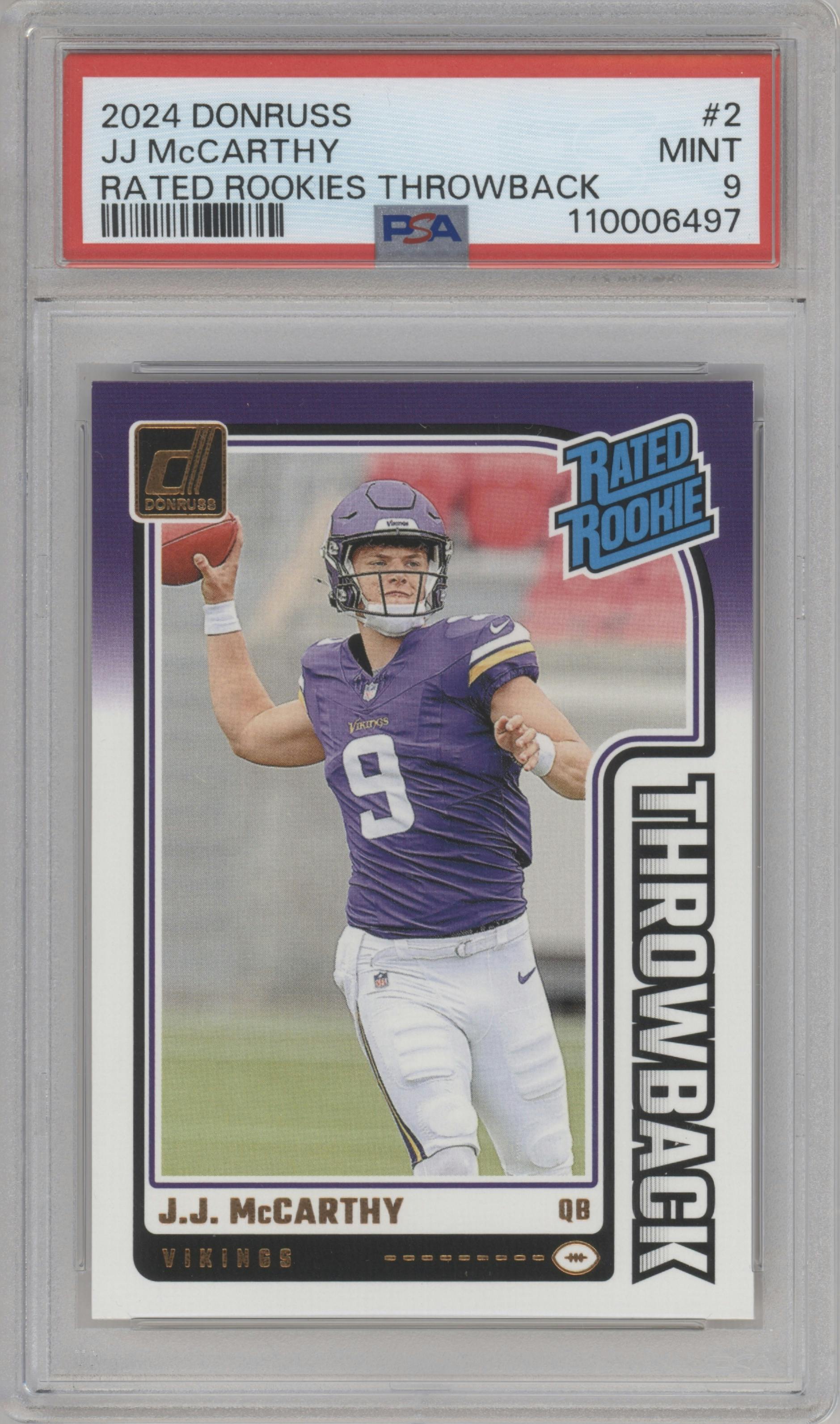 J.J. McCarthy from the 2024 Donruss set graded by PSA and given an overall grade of 9.