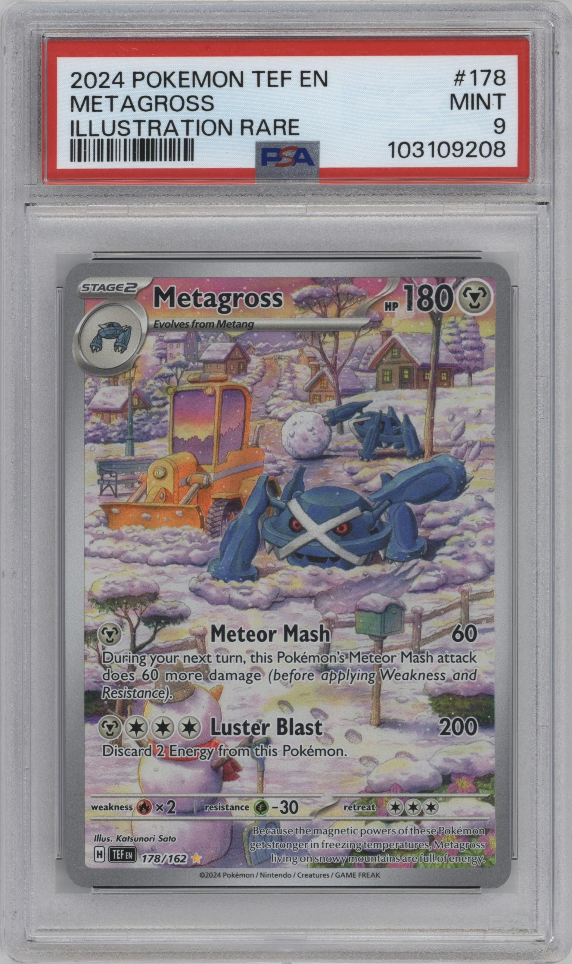 Metagross from the 2024 Pokemon SV set graded by PSA and given an overall grade of 9.