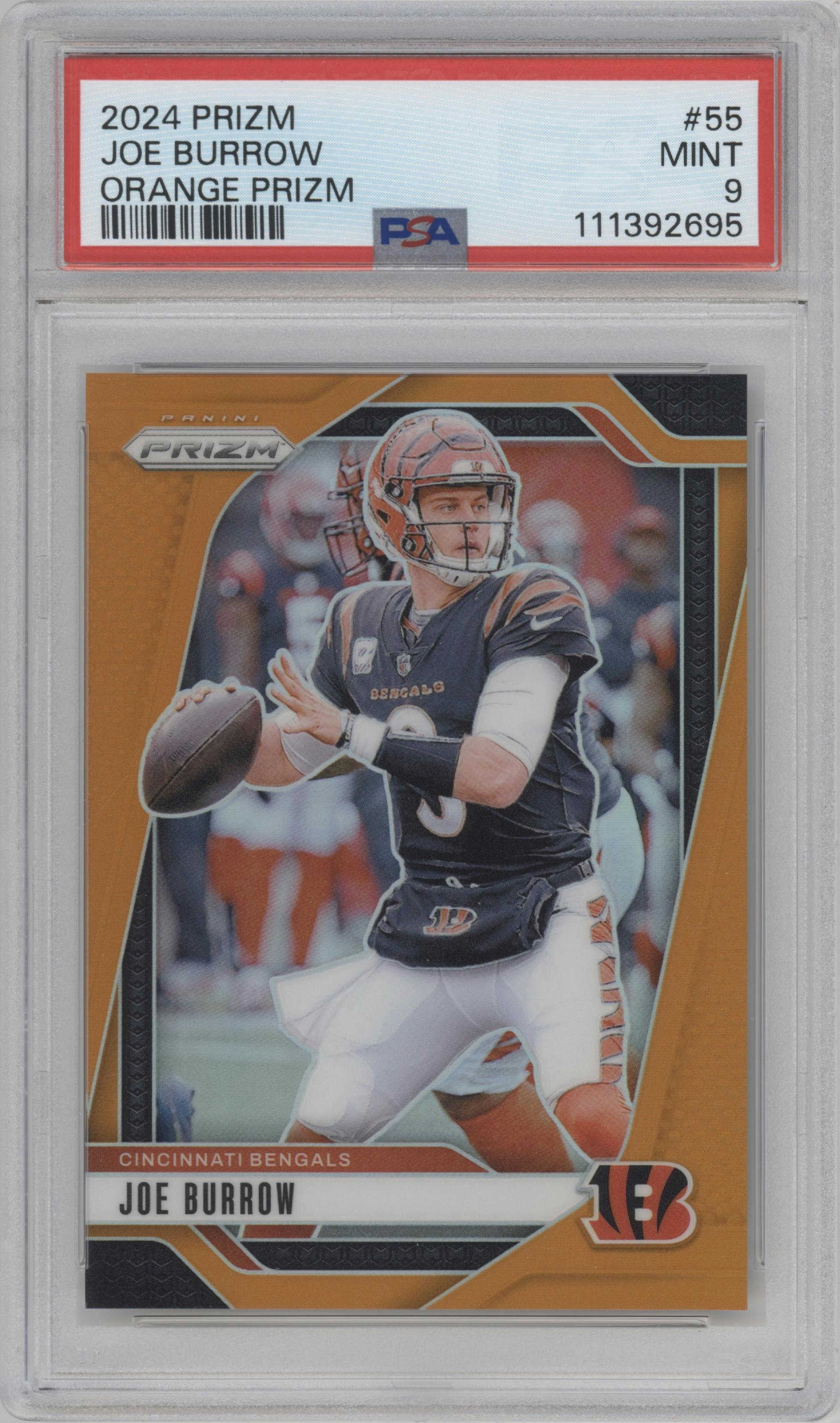 Joe Burrow from the 2024 Panini Prizm set featuring a Orange Prizm parallel graded by PSA and given an overall grade of 9.