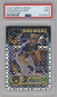 Jackson Chourio from the 2024 Topps Chrome set featuring a X-Fractor parallel graded by PSA and given an overall grade of 9.