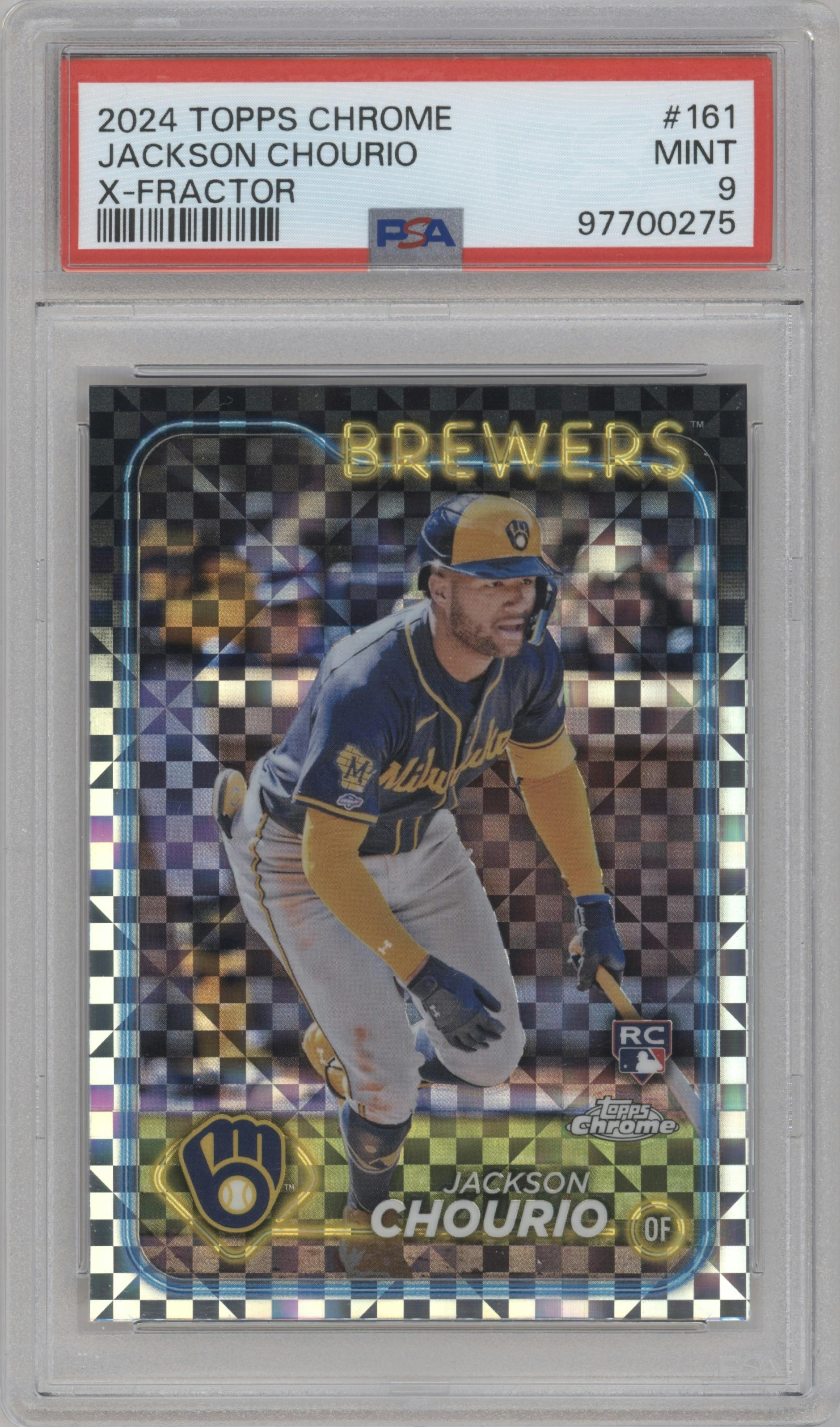 Jackson Chourio from the 2024 Topps Chrome set featuring a X-Fractor parallel graded by PSA and given an overall grade of 9.