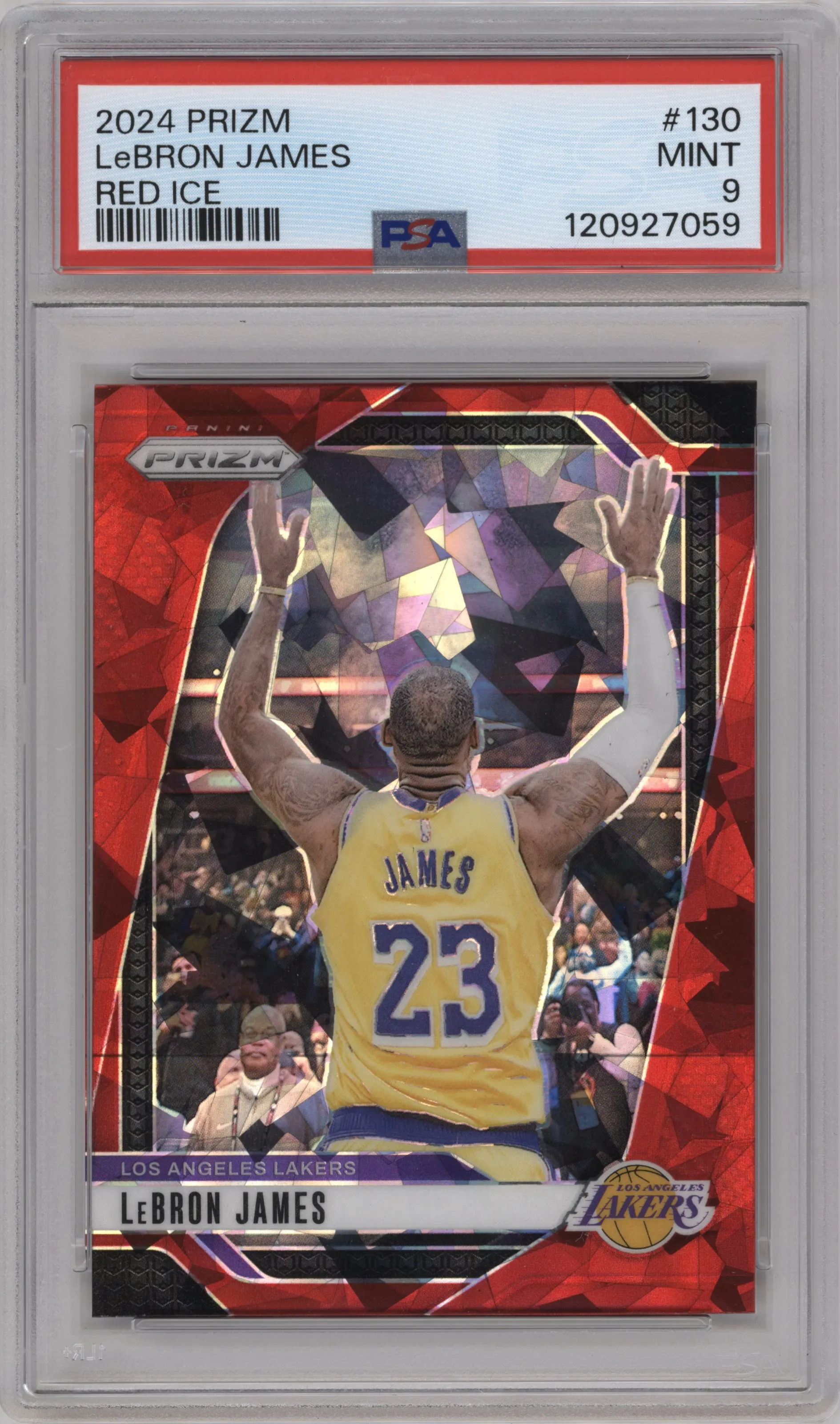 LeBron James from the 2024-25 Panini Prizm set featuring a Red Ice parallel graded by PSA and given an overall grade of 9.
