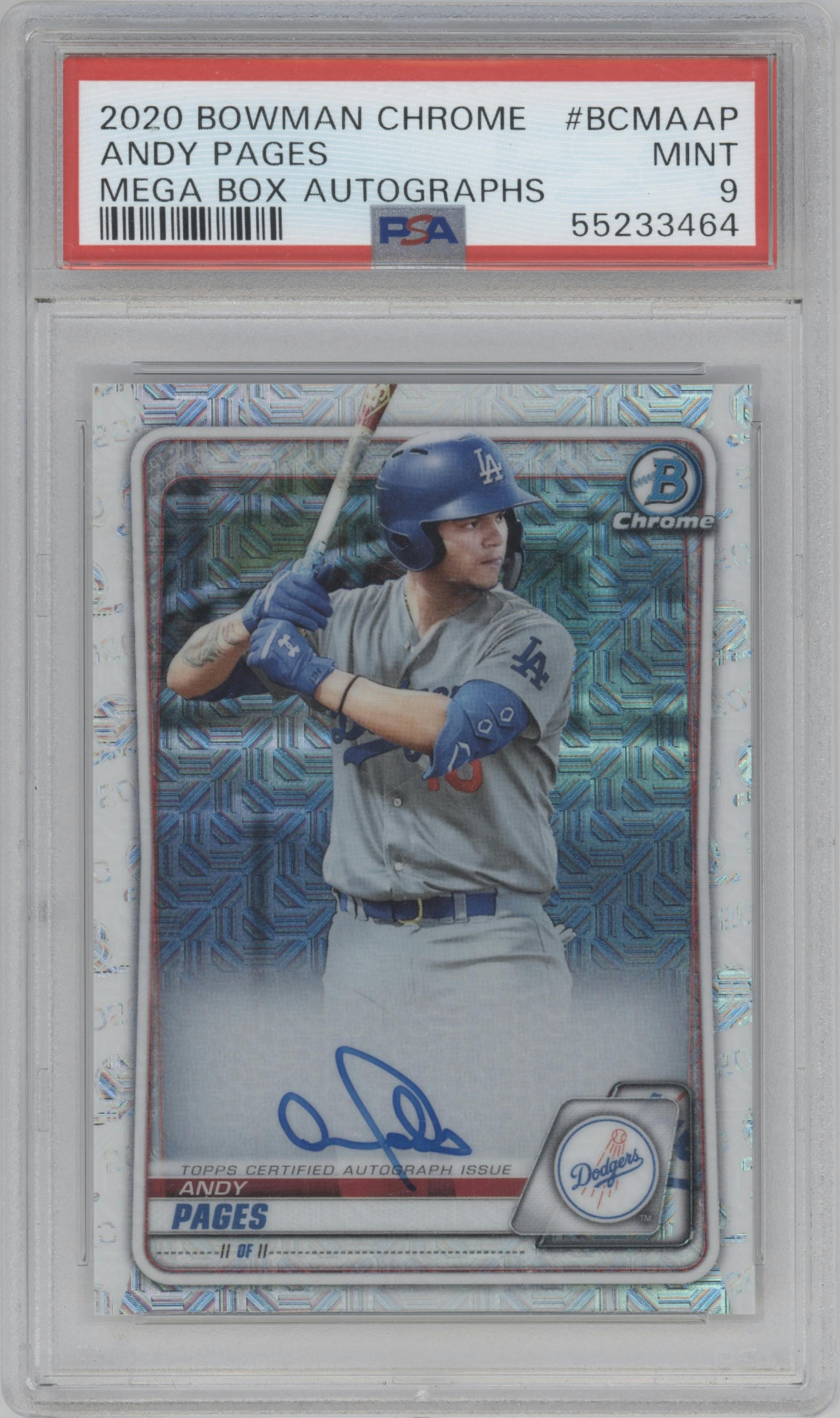 Andy Pages from the 2020 Bowman Chrome Mega Box set graded by PSA and given an overall grade of 9.