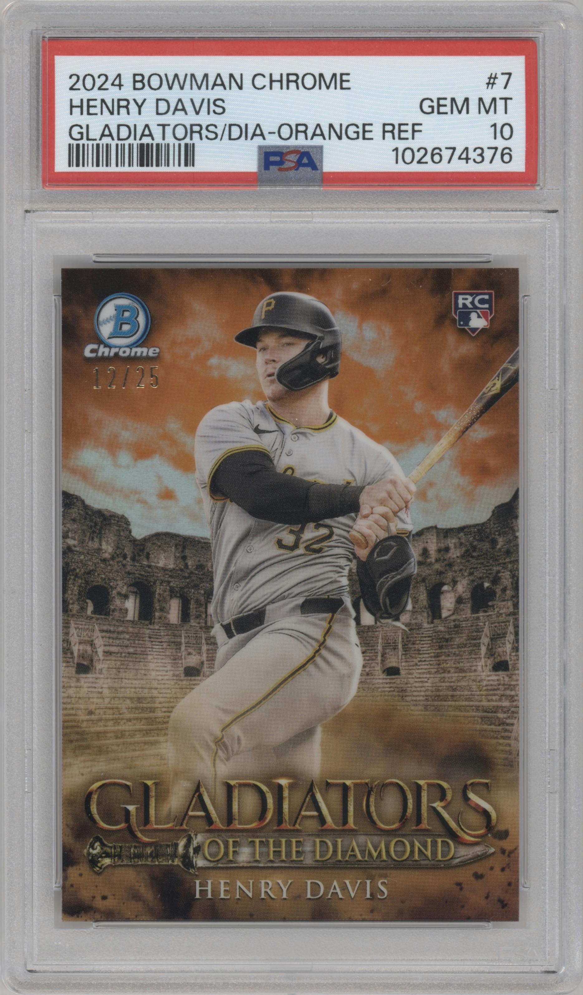 Henry Davis from the 2024 Bowman Chrome set featuring a Orange Refractor parallel graded by PSA and given an overall grade of 10.