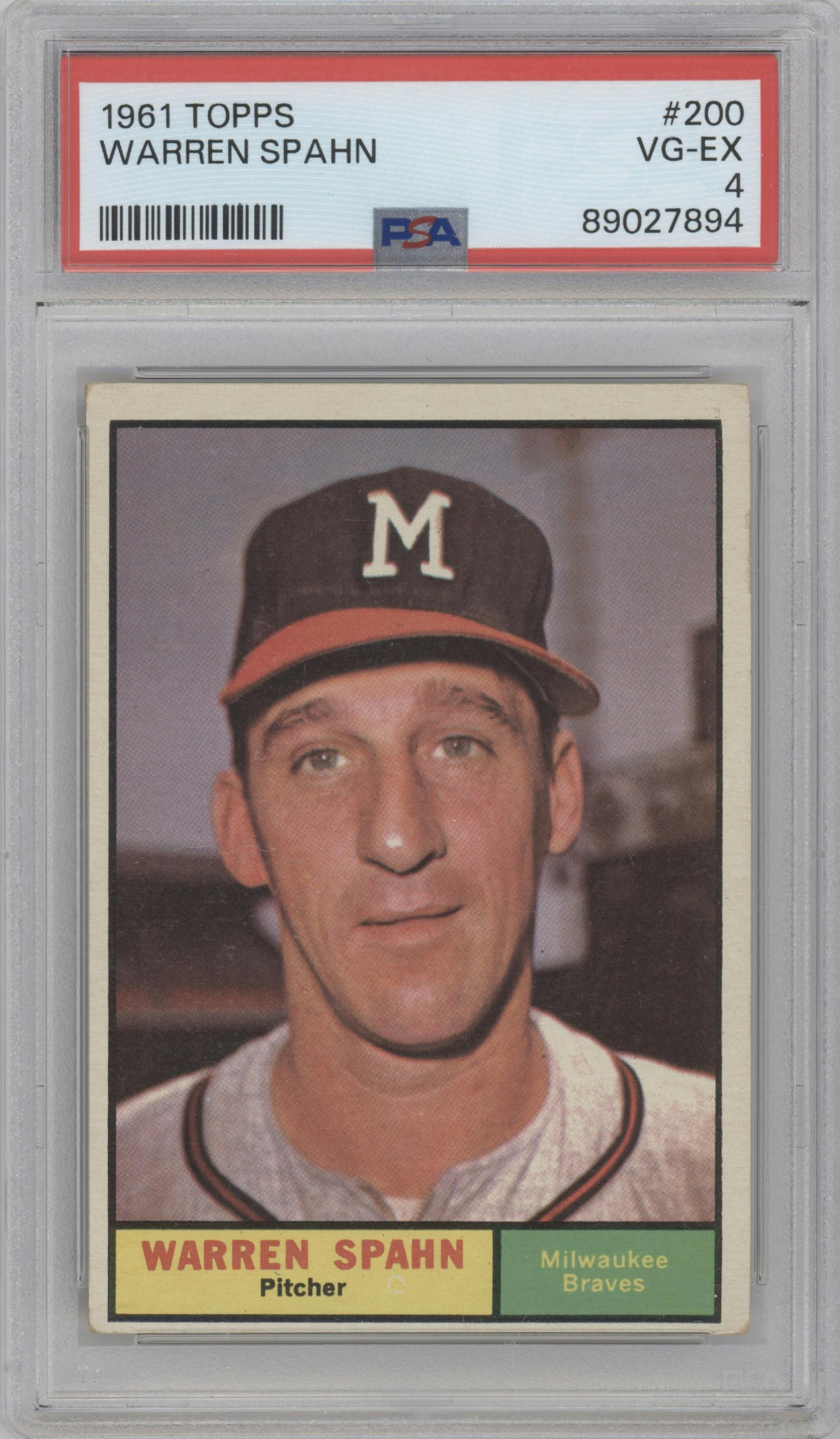 Warren Spahn from the 1961 Topps set graded by PSA and given an overall grade of 4.
