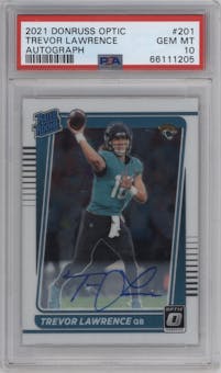 Trevor Lawrence from the 2021 Panini Donruss Optic set graded by PSA and given an overall grade of 10.