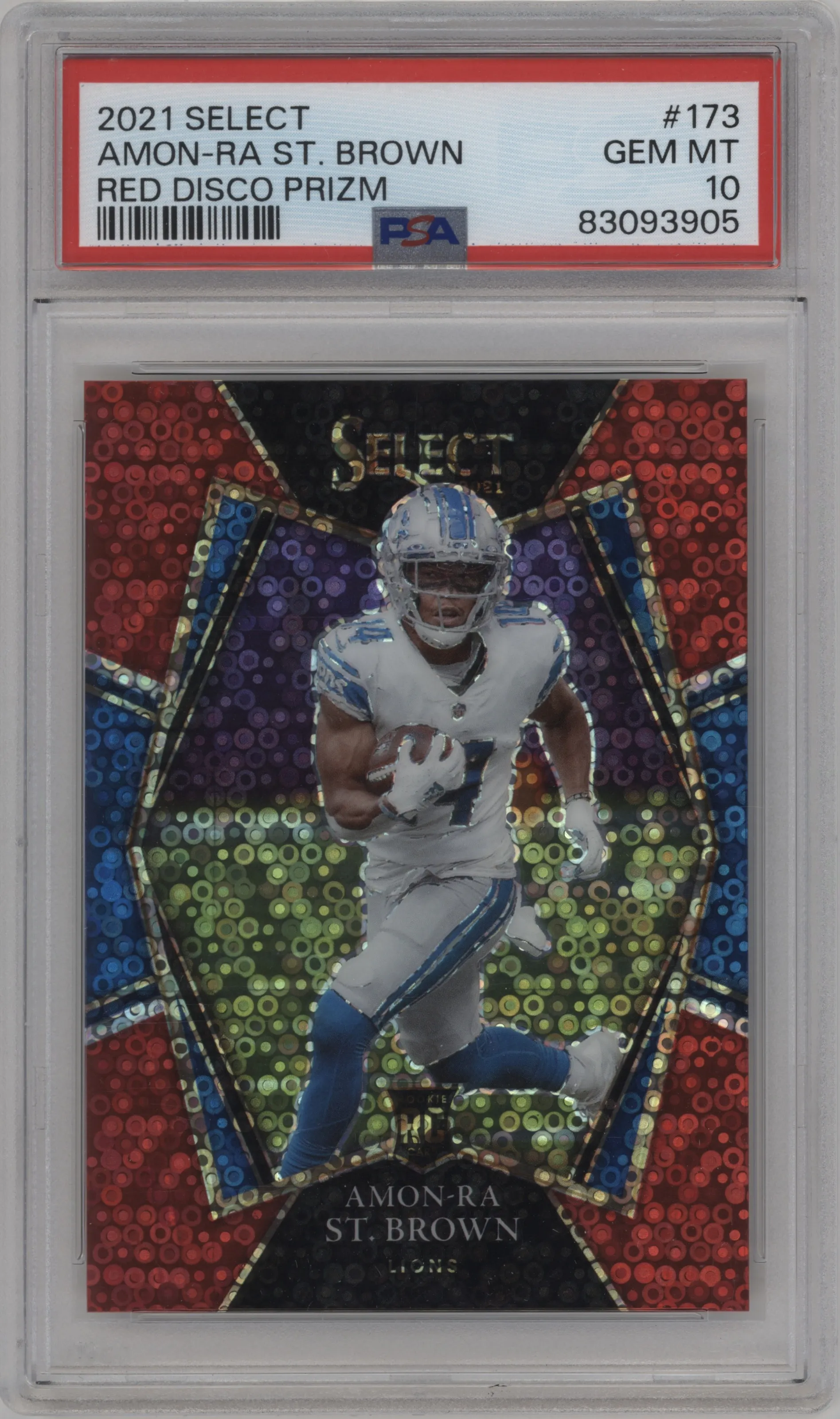 2021 Panini Select Pre.Lvl. Amon-Ra St. Brown Red Disco Prizm #173 PSA 10