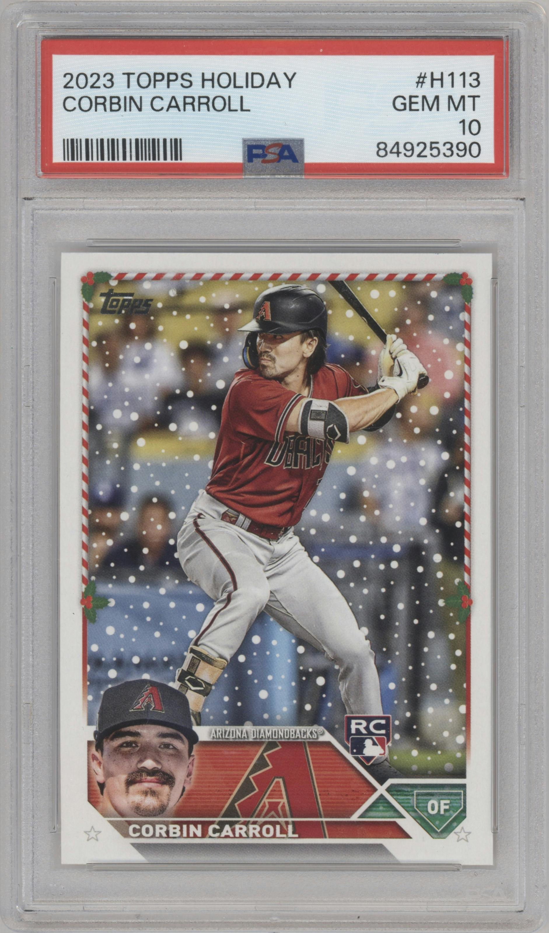 Corbin Carroll from the 2023 Topps Holiday set graded by PSA and given an overall grade of 10.