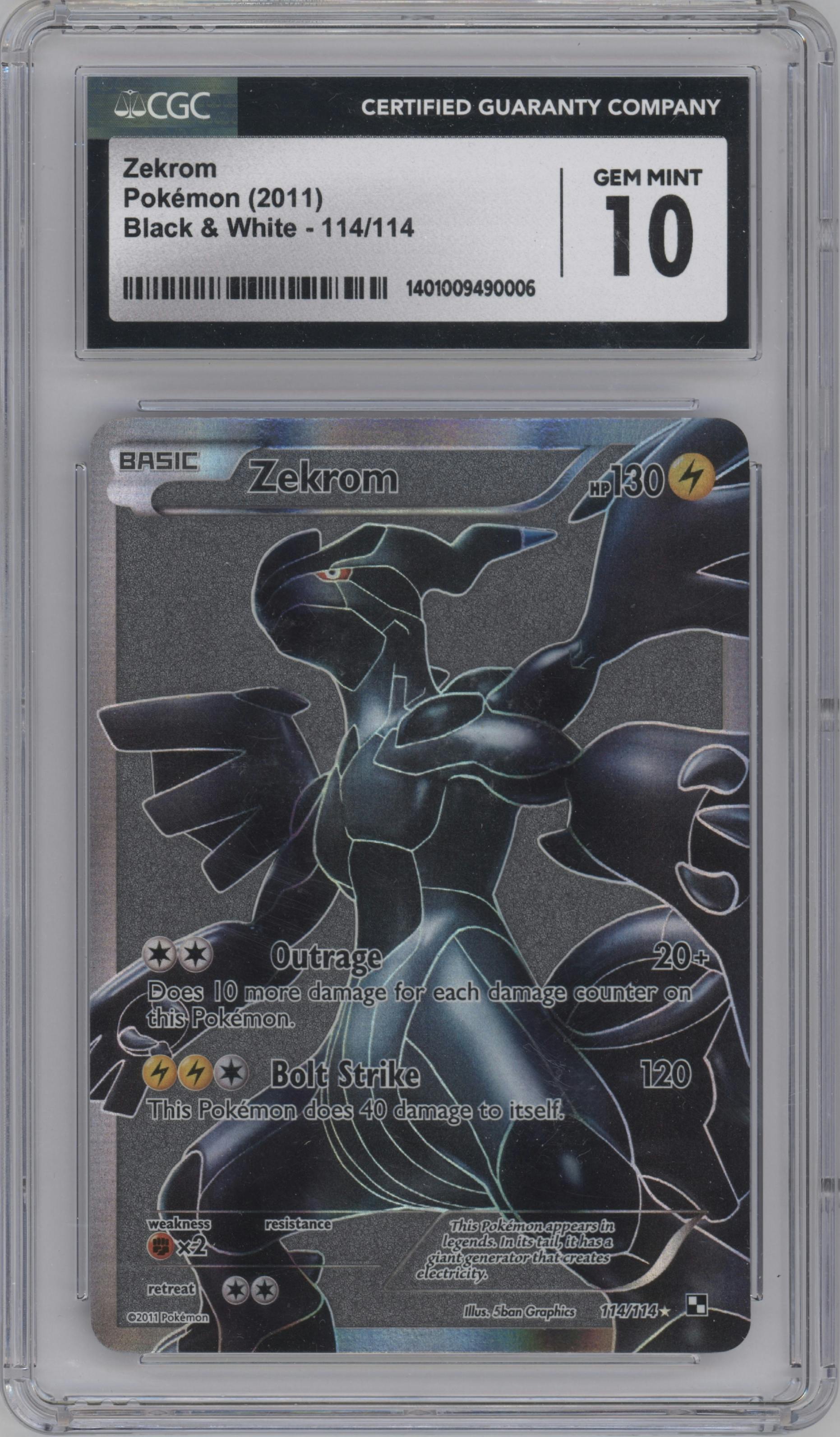 Zekrom from the 2011 Pokemon Black & White set graded by CSG and given an overall grade of 10.