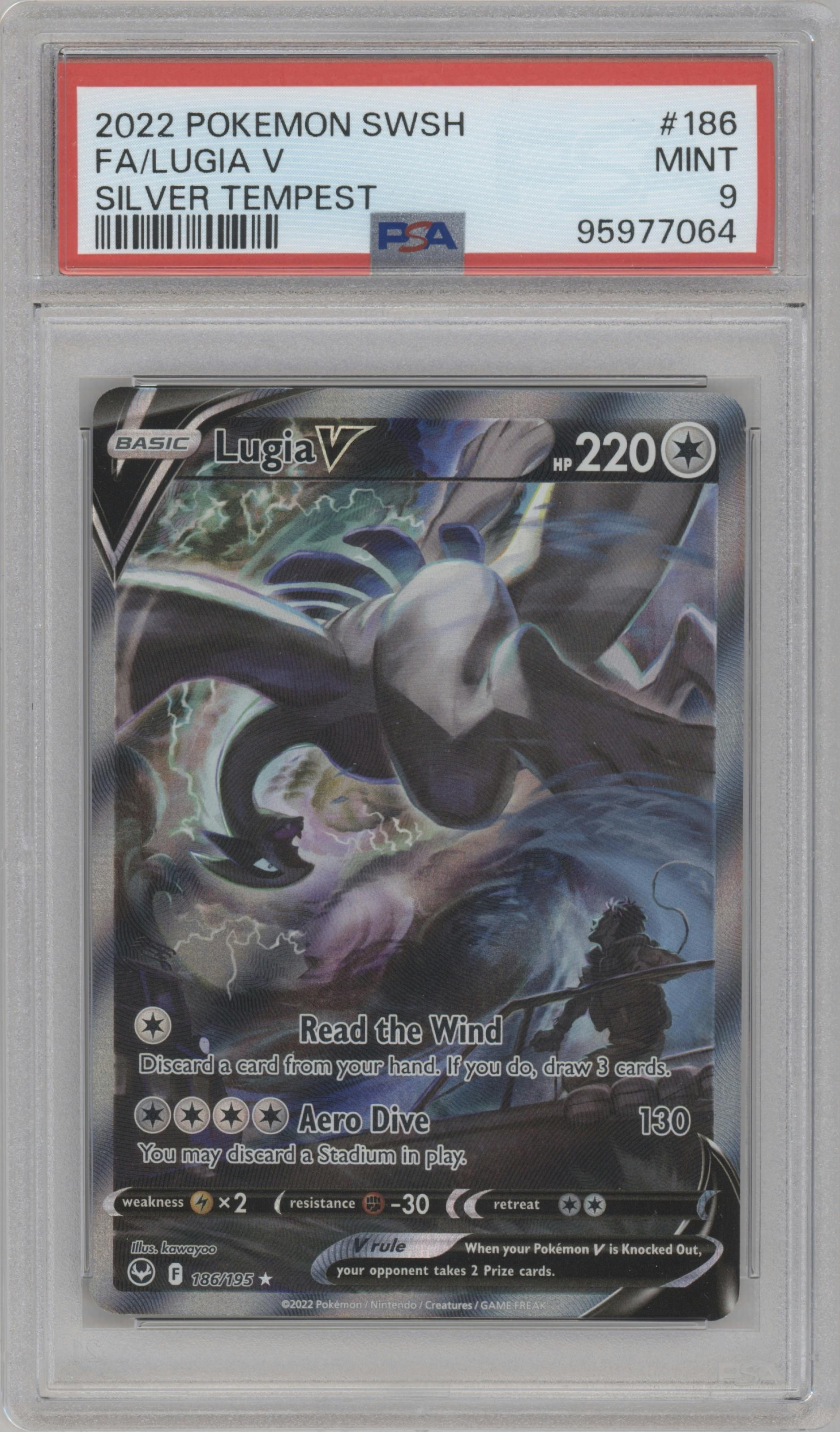 Lugia V from the 2022 Pokemon SWSH set graded by PSA and given an overall grade of 9.