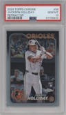 Jackson Holliday from the 2024 Topps Chrome set featuring a Refractor parallel graded by PSA and given an overall grade of 10.