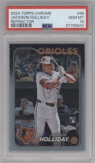 Jackson Holliday from the 2024 Topps Chrome set featuring a Refractor parallel graded by PSA and given an overall grade of 10.
