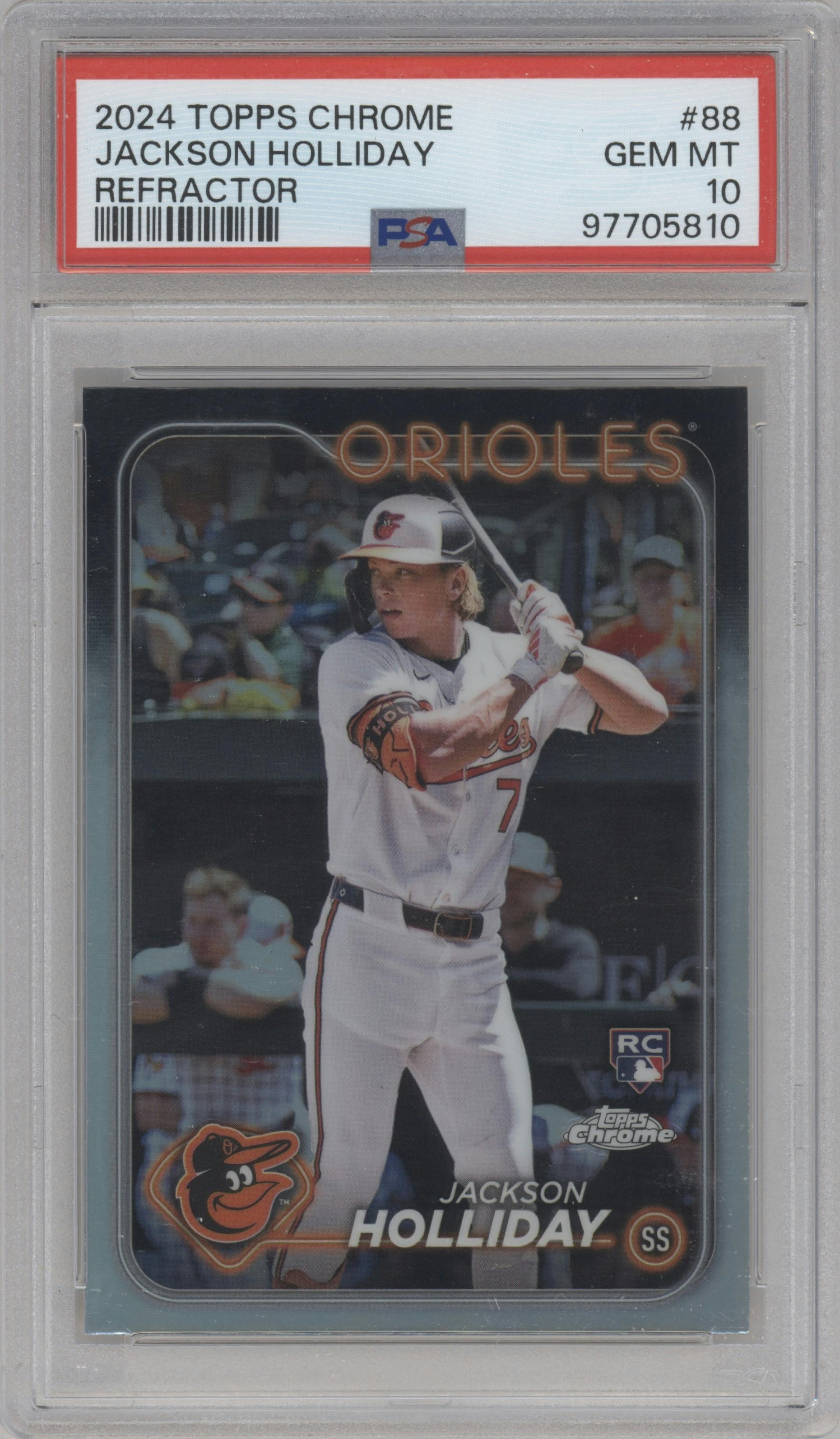 Jackson Holliday from the 2024 Topps Chrome set featuring a Refractor parallel graded by PSA and given an overall grade of 10.