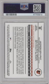 Jackson Holliday from the 2024 Topps Chrome set featuring a Refractor parallel graded by PSA and given an overall grade of 10.