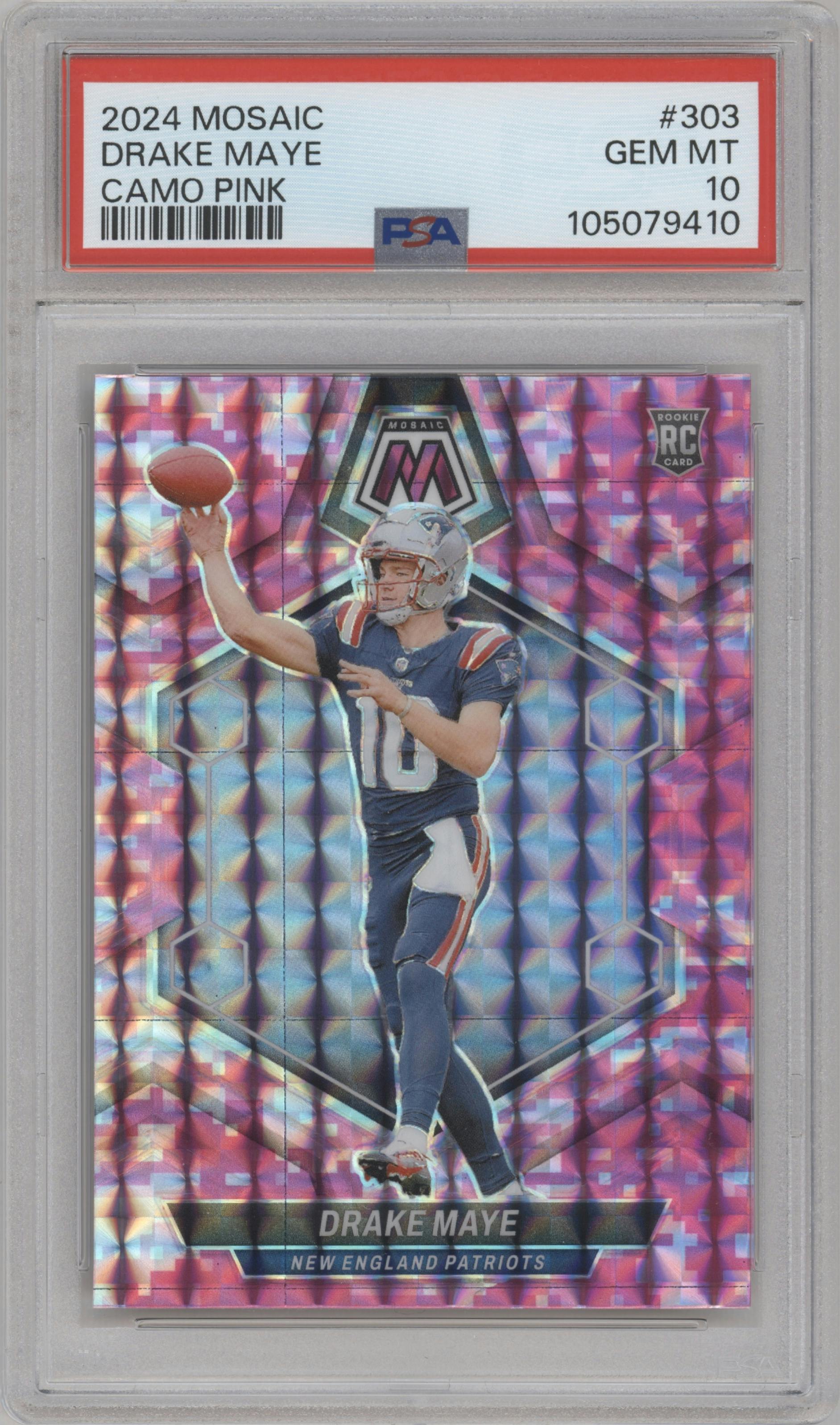 Drake Maye from the 2024 Panini Mosaic set featuring a Pink Camo parallel graded by PSA and given an overall grade of 10.
