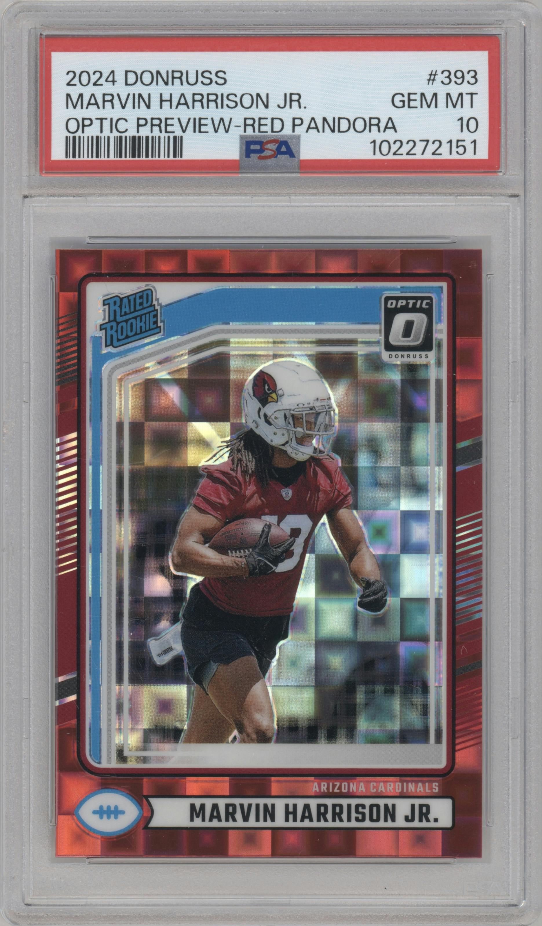 Marvin Harrison Jr. from the 2024 Donruss set featuring a Red Pandora parallel graded by PSA and given an overall grade of 10.