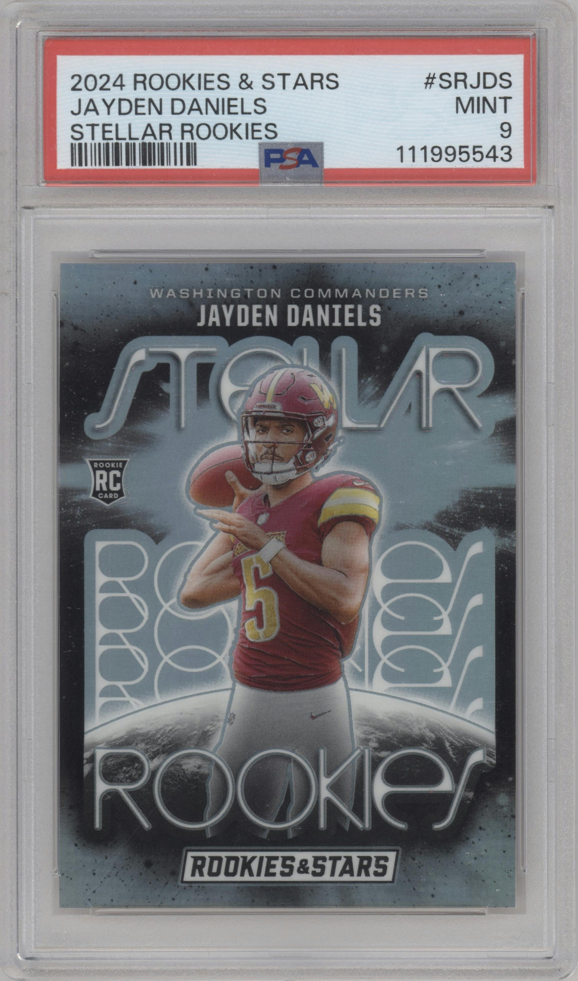 Jayden Daniels from the 2024 Panini Rookies & Stars set graded by PSA and given an overall grade of 9.