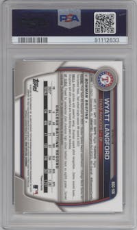 Wyatt Langford from the 2023 Bowman Draft set featuring a Refractor parallel graded by PSA and given an overall grade of 10.