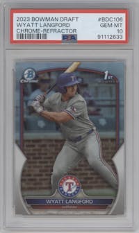 Wyatt Langford from the 2023 Bowman Draft set featuring a Refractor parallel graded by PSA and given an overall grade of 10.