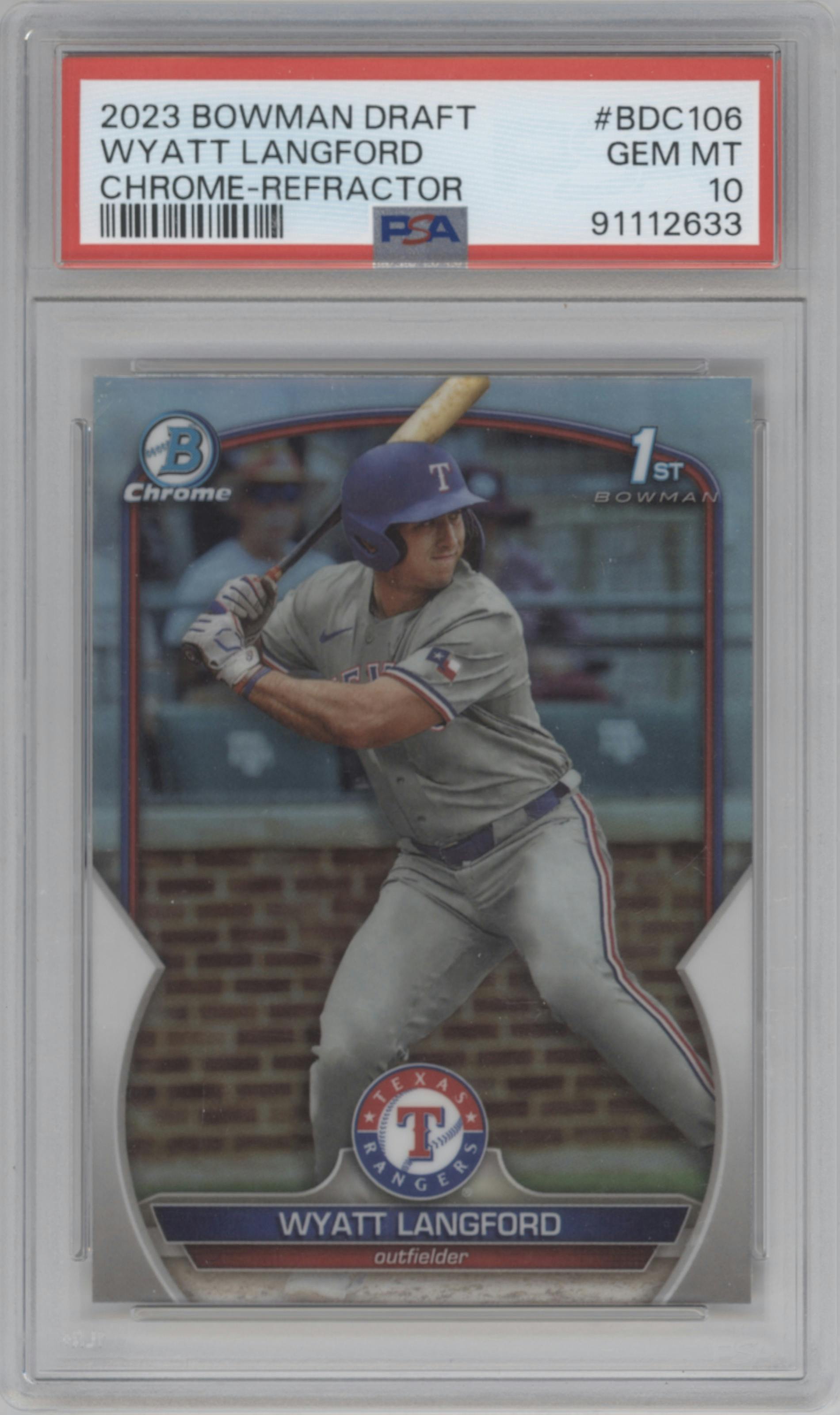 Wyatt Langford from the 2023 Bowman Draft set featuring a Refractor parallel graded by PSA and given an overall grade of 10.