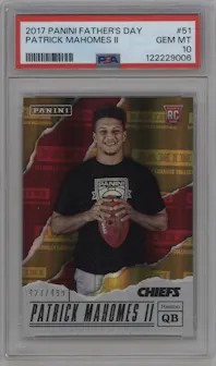 Patrick Mahomes II from the 2017 Panini Father's Day set graded by PSA and given an overall grade of 10.