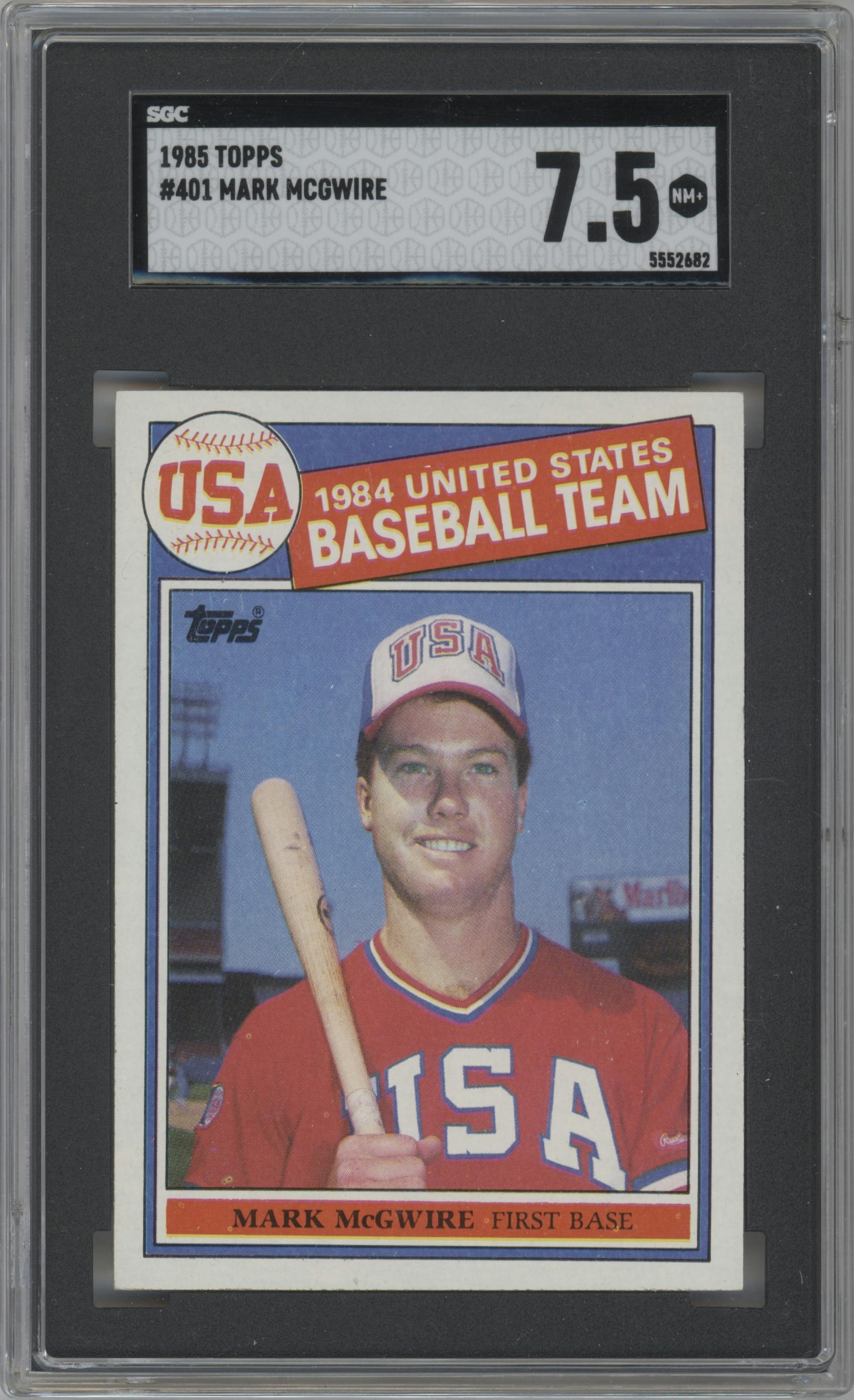 Mark McGwire from the 1985 Topps set graded by SGC and given an overall grade of 7.5.
