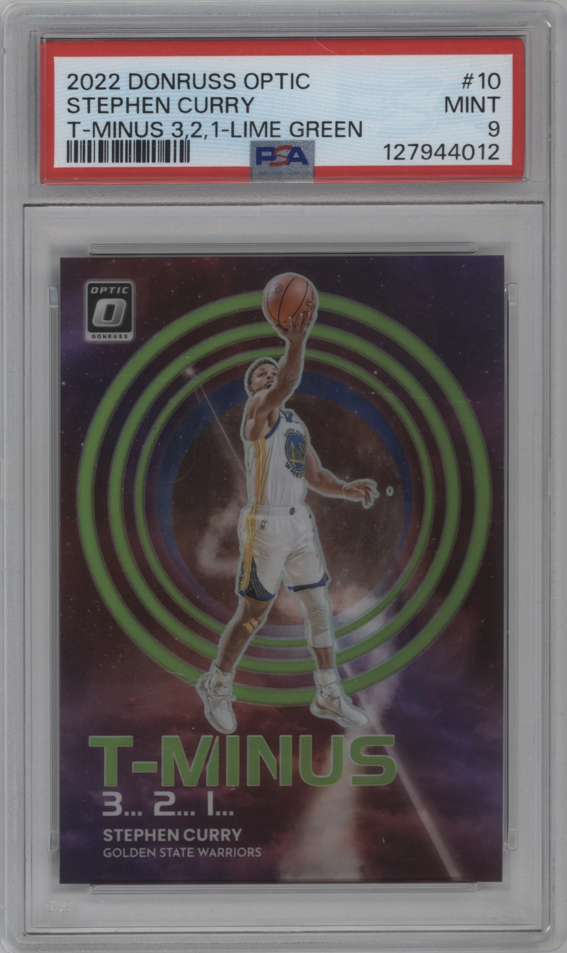 2022 Panini Donruss Optic T-Minus 3...2...1... Stephen Curry Lime Green PSA 9