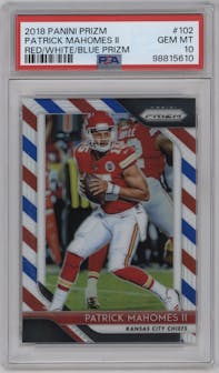 Patrick Mahomes II from the 2018 Panini Prizm set featuring a Red/White/Blue Prizm parallel graded by PSA and given an overall grade of 10.