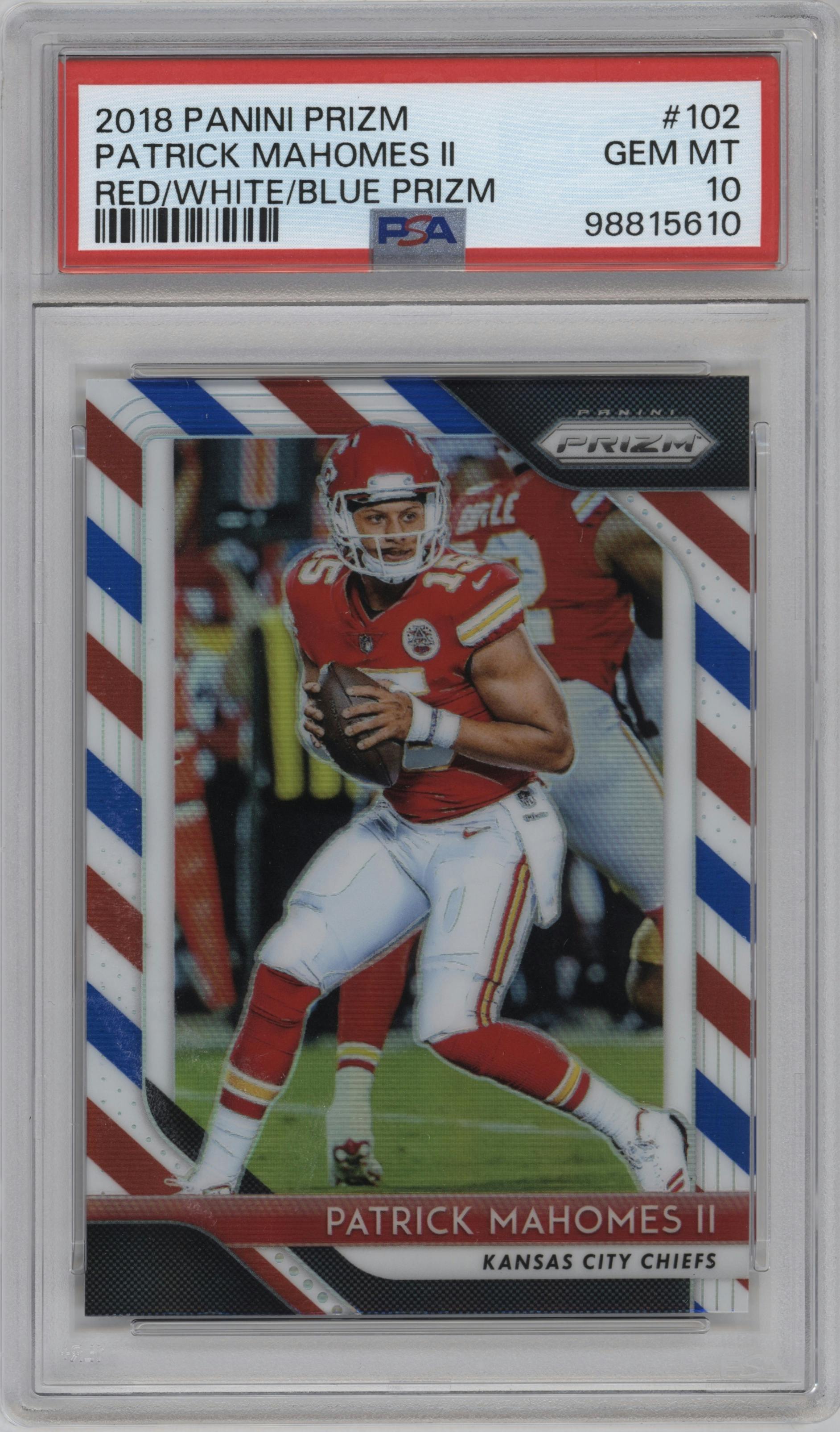 Patrick Mahomes II from the 2018 Panini Prizm set featuring a Red/White/Blue Prizm parallel graded by PSA and given an overall grade of 10.
