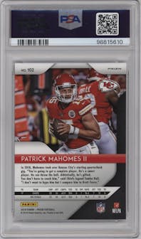 Patrick Mahomes II from the 2018 Panini Prizm set featuring a Red/White/Blue Prizm parallel graded by PSA and given an overall grade of 10.