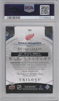 Dylan Larkin from the 2015-16 Upper Deck Trilogy set featuring a Blue Rainbow Foil parallel graded by PSA and given an overall grade of 8.