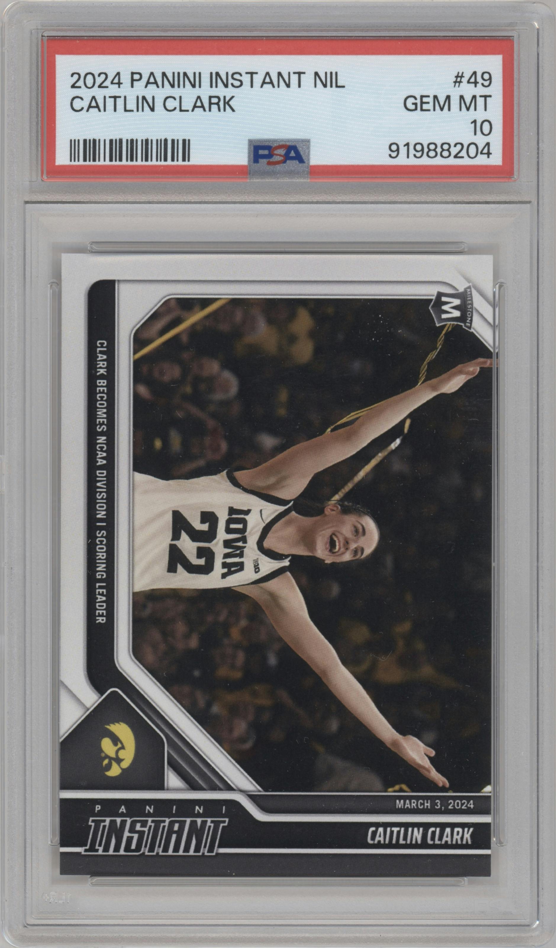 Caitlin Clark from the 2024 Panini Instant NIL set graded by PSA and given an overall grade of 10.