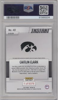 Caitlin Clark from the 2024 Panini Instant NIL set graded by PSA and given an overall grade of 10.