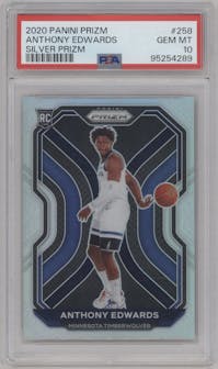 Anthony Edwards from the 2020-21 Panini Prizm set featuring a Silver Prizm parallel graded by PSA and given an overall grade of 10.