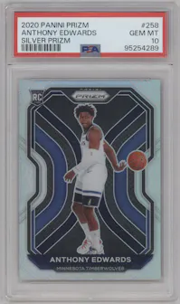 Anthony Edwards from the 2020-21 Panini Prizm set featuring a Silver Prizm parallel graded by PSA and given an overall grade of 10.