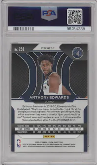 Anthony Edwards from the 2020-21 Panini Prizm set featuring a Silver Prizm parallel graded by PSA and given an overall grade of 10.