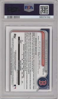Yoeilin Cespedes from the 2024 Bowman set featuring a Refractor parallel graded by PSA and given an overall grade of 10.