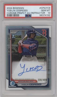 Yoeilin Cespedes from the 2024 Bowman set featuring a Refractor parallel graded by PSA and given an overall grade of 10.