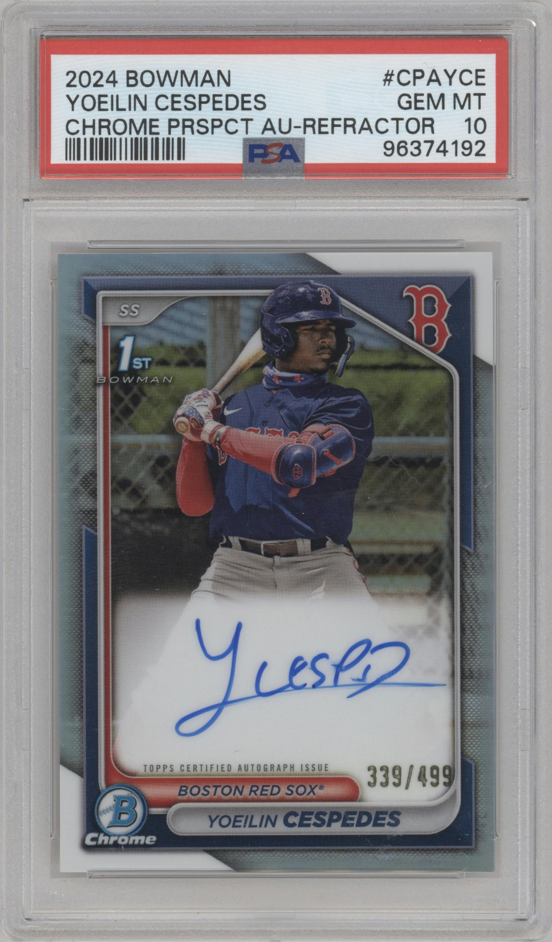 Yoeilin Cespedes from the 2024 Bowman set featuring a Refractor parallel graded by PSA and given an overall grade of 10.