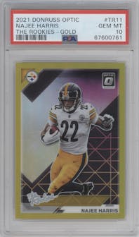 Najee Harris from the 2021 Panini Donruss Optic set featuring a Gold parallel graded by PSA and given an overall grade of 10.