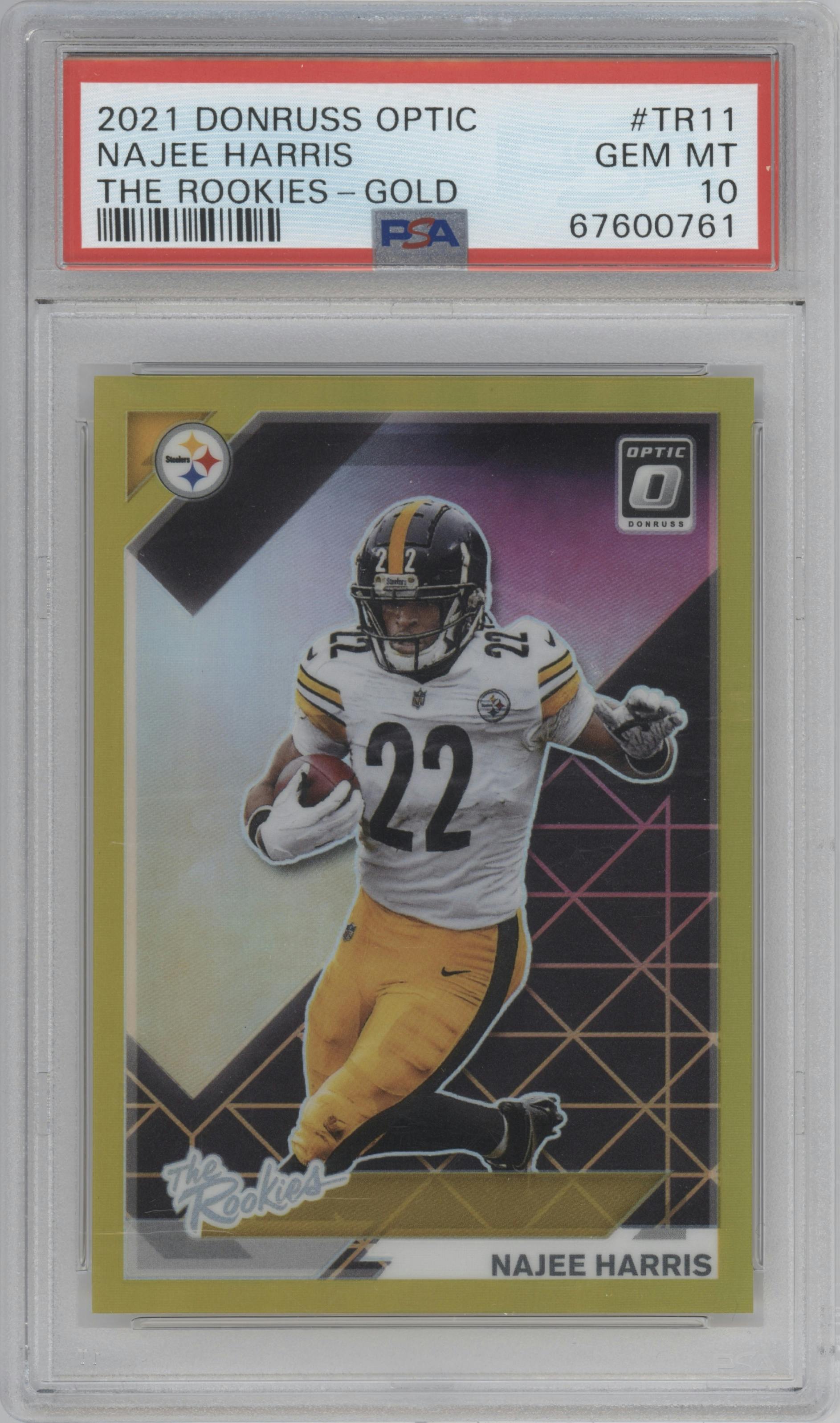 Najee Harris from the 2021 Panini Donruss Optic set featuring a Gold parallel graded by PSA and given an overall grade of 10.