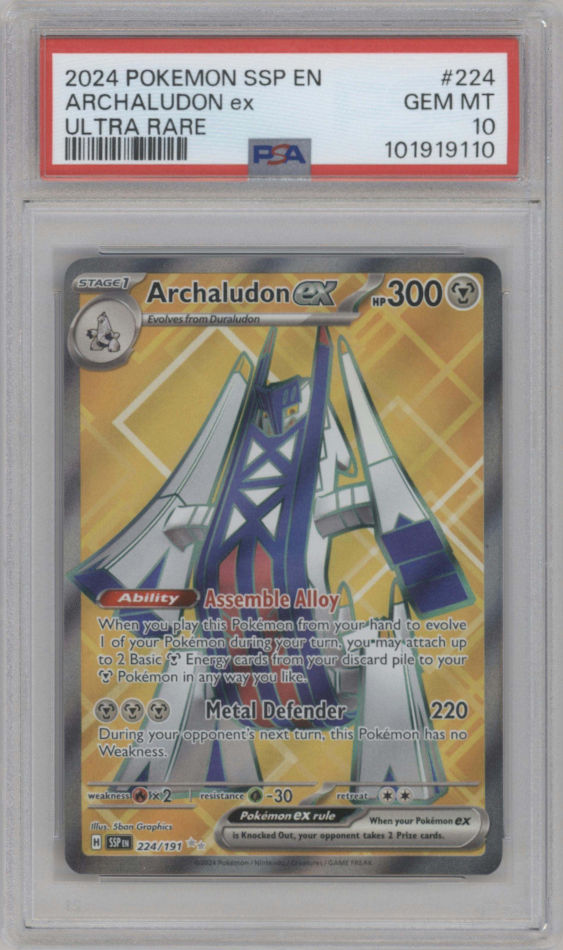 Archaludon ex from the 2024 Pokemon SV set graded by PSA and given an overall grade of 10.